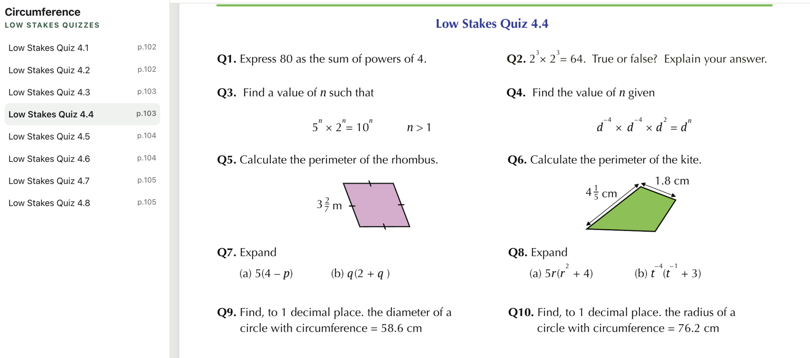 A Low-Stakes Quiz page from the Circumference learning tier, showing ten questions covering powers of four, index laws, the perimeter of a rhombus and a kite, expanding brackets containing indices, and the diameter and radius of circles. A sidebar lists Low Stakes Quizzes 4.1 through 4.8.