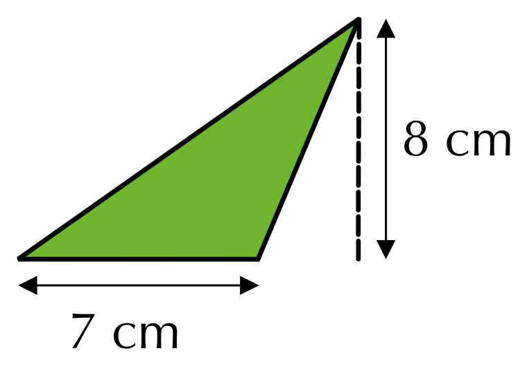 A triangle with a base of 7 cm and a perpendicular height of 8 cm, the height drawn as a dashed line to the apex.
